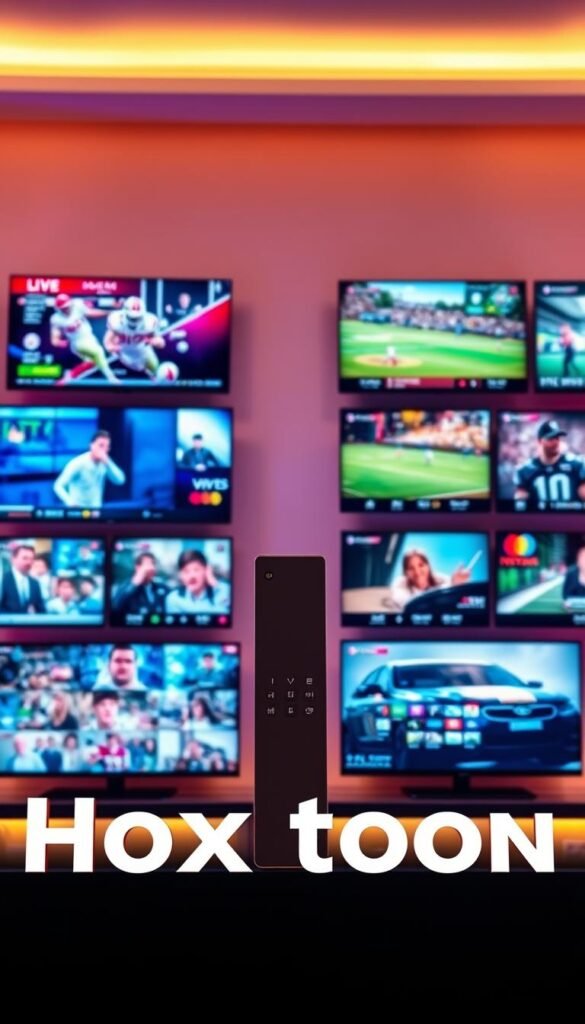 Hoxtoon Provider: a modern, sleek IPTV service showcased against a backdrop of vibrant, 4K-ready screens. In the foreground, the Hoxtoon logo stands tall, its bold, futuristic design conveying a sense of technological prowess. The middle ground features an array of digital devices, each displaying a diverse range of live, high-definition content - sports, news, movies, and more. The background is a soft, ethereal gradient, adding depth and a sense of technological sophistication. Warm, diffused lighting illuminates the scene, creating a welcoming, premium atmosphere. The overall composition exudes a powerful, yet refined aesthetic, reflecting Hoxtoon's position as America's premier IPTV provider.