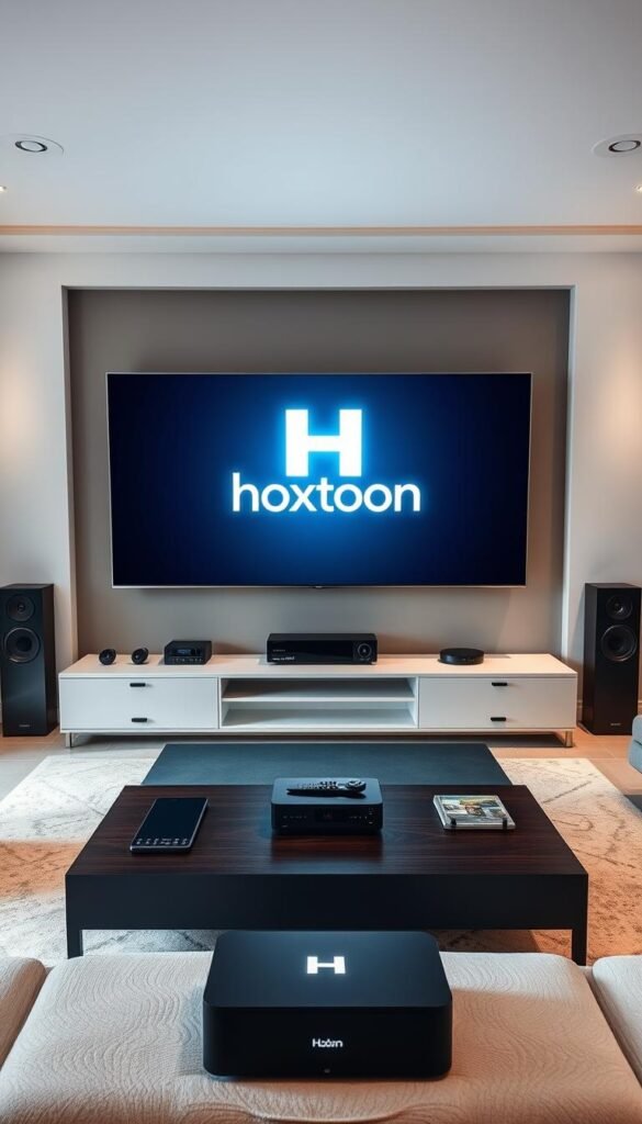 Hoxtoon Provider - a sleek, modern 4K IPTV platform with a vast library of live TV channels, on-demand content, and seamless integration across devices. Set against a backdrop of a contemporary, minimalist living room, the Hoxtoon logo shines brightly on a high-tech display, surrounded by state-of-the-art home entertainment equipment. Soft lighting, clean lines, and a sophisticated color palette evoke a sense of luxury and innovation. The scene conveys the idea of a premium, user-friendly IPTV service that caters to the discerning American viewer, ready to elevate their streaming experience to new heights.