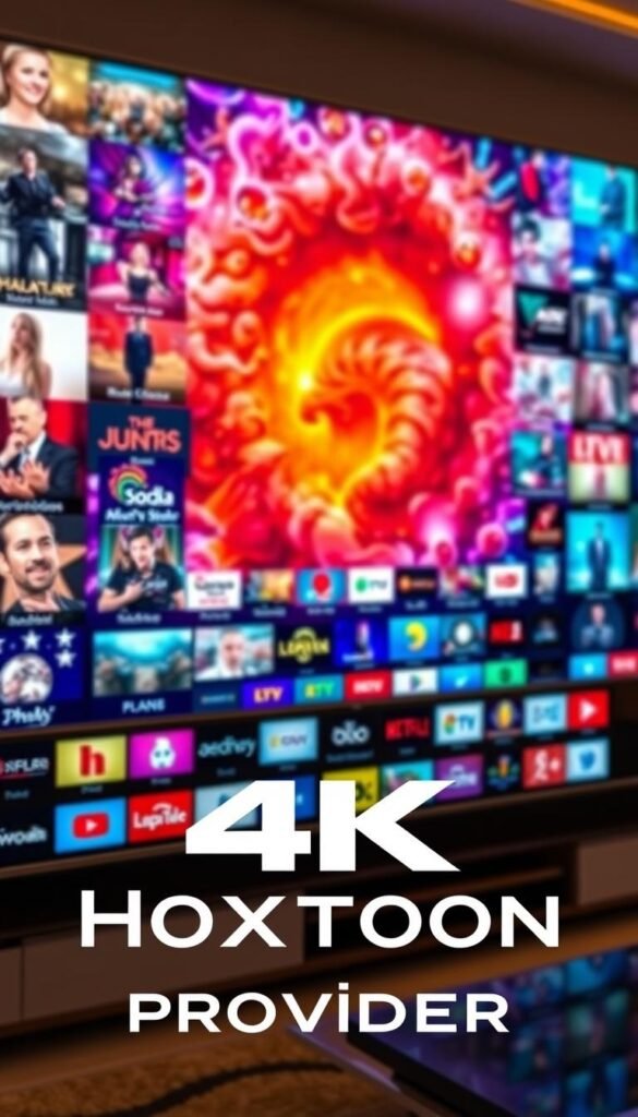 Intricate array of 4K television channels, meticulously displayed on a sleek, modernistic home entertainment setup. Vibrant, ultra-high-definition visuals cascade across the screen, captivating the viewer with a symphony of colors and details. In the foreground, the Hoxtoon Provider logo shines, representing the reliable, high-quality IPTV service powering this immersive media experience. The middle ground features an array of channel icons, each a gateway to a world of diverse content. The background subtly hints at a sophisticated, technologically-advanced living space, complementing the refined aesthetic. Soft, warm lighting bathes the scene, creating a cozy, inviting atmosphere perfect for endless hours of 4K entertainment.