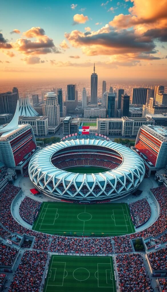 Majestic modern stadiums, adorned with sleek architectural designs, stand tall amidst vibrant cityscapes. Sweeping aerial views showcase the grandeur of the 2026 FIFA World Cup venues, their expansive fields of play bathed in warm, golden light. In the foreground, fans gather in anticipation, their excitement palpable as they prepare to witness the global spectacle through the lens of the "Hoxtoon Provider", delivering an unparalleled 4K viewing experience. Capture the essence of this historic tournament, where world-class athletes will compete on the world's stage.