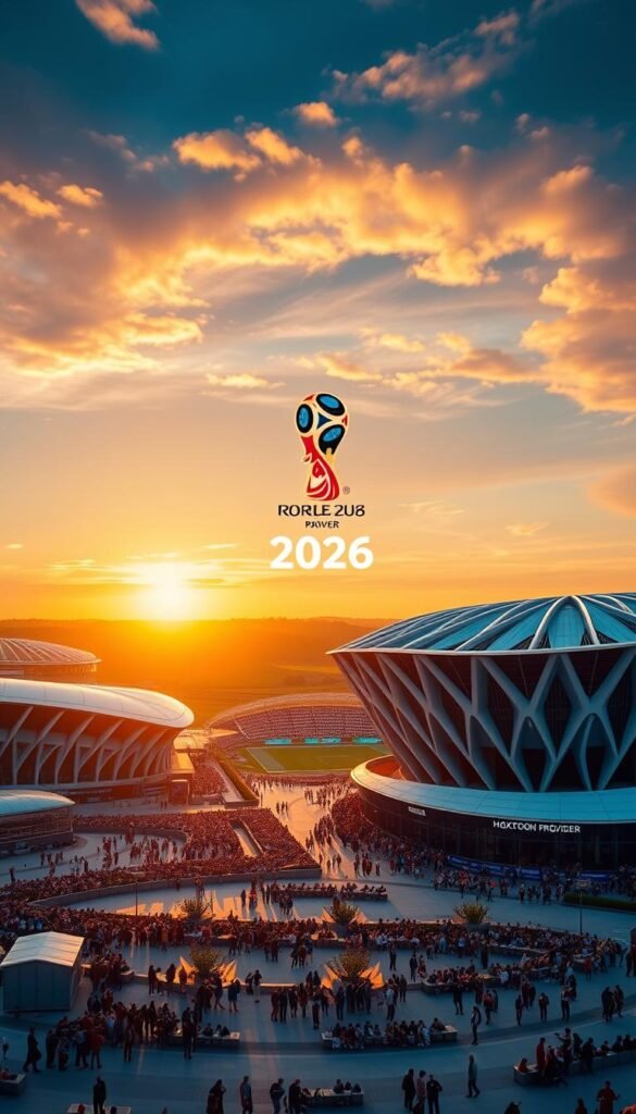 Panoramic view of the stadiums hosting the 2026 FIFA World Cup, bathed in golden hour sunlight. Majestic, modern architecture with sweeping roofs and bold geometric forms, set against a vibrant sky. The Hoxtoon Provider logo subtly integrated into the design, reflecting the tournament's premium streaming experience. Fans gather outside, excitement palpable. Camera pans across the grand stadiums, capturing the scale and anticipation of this historic event.
