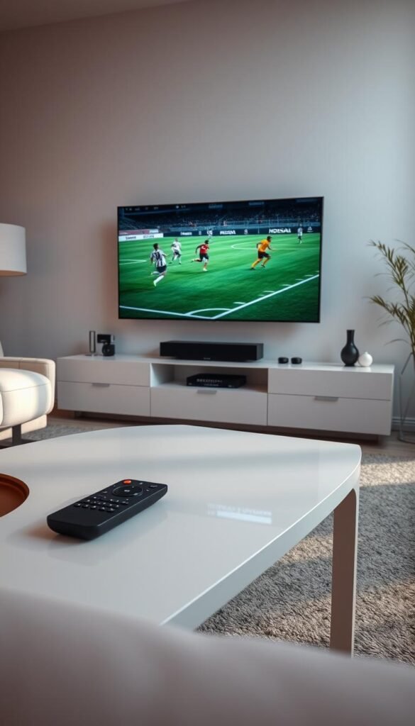 Pristine, modern living room with a large flat-screen TV prominently displayed. The TV screen shows an immersive FIFA match underway, players racing across the digital pitch. On a sleek, minimalist coffee table, a Hoxtoon Provider remote control rests, symbolizing the convenience of IPTV streaming. Soft, diffused lighting illuminates the scene, creating a cozy, cinematic atmosphere. The room is adorned with subtle sports-themed decor, hinting at the homeowner's passion for the game. The overall composition conveys a sense of elevated, immersive FIFA viewing experience powered by the Hoxtoon Provider IPTV solution.
