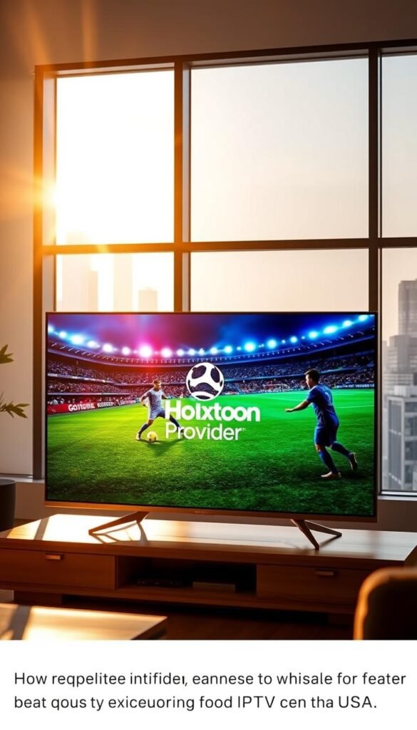 Prompt A sleek, ultra-high-definition 4K smart TV displaying the Hoxtoon Provider logo, showcasing vivid, lifelike FIFA match footage with vibrant colors and crystal-clear resolution. The TV is set against a modern, minimalist living room background with large windows overlooking a cityscape, bathed in warm, natural lighting that creates a cozy, inviting atmosphere. The overall scene conveys a sense of premium quality, seamless entertainment, and the perfect IPTV solution for expats and sports enthusiasts in the USA.