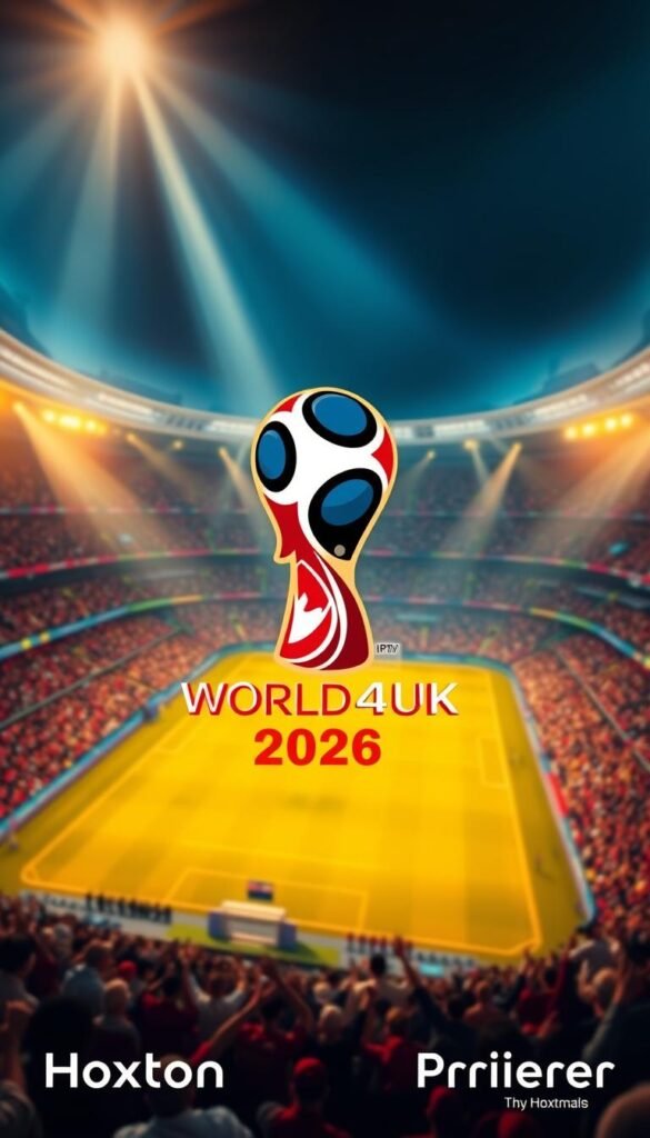 Prompt A striking, photorealistic image of the "IPTV 4K World Cup 2026" logo prominently displayed in the foreground. The logo features a sleek, modern design with a bold "IPTV4K" text and a soccer ball graphic, rendered in vibrant, high-contrast colors. In the background, a vivid, cinematic scene of a soccer stadium filled with cheering fans, the pitch bathed in warm, golden lighting. The Hoxtoon Provider branding is subtly incorporated into the image, perhaps as a watermark or subtle graphic element. The overall composition conveys a sense of excitement and anticipation for the upcoming World Cup event, accessible through the cutting-edge IPTV4K technology.