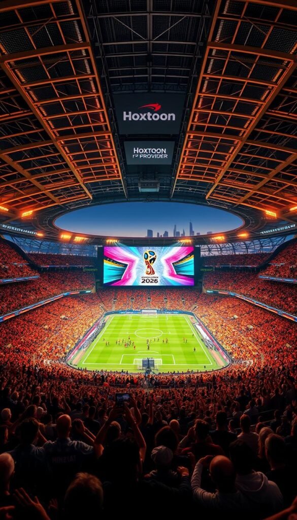 Prompt A vast, expansive stadium filled with cheering fans, the World Cup 2026 center stage. In the foreground, a large IPTV screen displays the action in vivid 4K clarity, the Hoxtoon Provider logo prominent. The stadium's architecture is a blend of sleek, modern design and traditional elements, bathed in warm, golden lighting that creates an atmosphere of excitement and anticipation. In the background, the city skyline stretches out, with skyscrapers and landmarks visible, reflecting the global nature of this prestigious event.