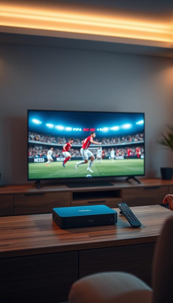 Prompt An ultra-realistic, high-resolution image of the Hoxtoon Provider IPTV service for watching FIFA 2026 matches. Set in a modern living room, the scene features a large-screen smart TV displaying a FIFA match, with a sleek Hoxtoon set-top box and remote control prominently placed on a minimalist wooden entertainment center. The room is bathed in warm, diffused lighting, creating a cozy and immersive atmosphere for the viewer. The overall composition conveys the convenience and high-quality viewing experience offered by the Hoxtoon FIFA 2026 IPTV service.