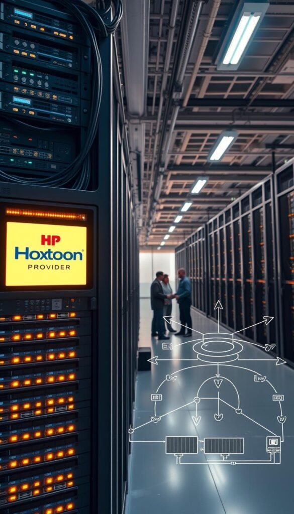 Sleek and modern Hoxtoon Provider data center with rows of high-performance servers and intricate network infrastructure. Glowing LED lights cast a warm glow across the metallic chassis, while a team of technicians monitor the systems. In the foreground, a server rack with the Hoxtoon Provider logo stands prominently, showcasing the brand's cutting-edge technology. The mid-ground features a network diagram depicting the complex IPTV delivery system, with arrows and lines illustrating the data flow. The background reveals a panoramic view of the facility, with towering racks and cooling units creating an impressive, industrial ambiance. Detailed and technically accurate, this image conveys Hoxtoon Provider's reliable and state-of-the-art IPTV infrastructure.