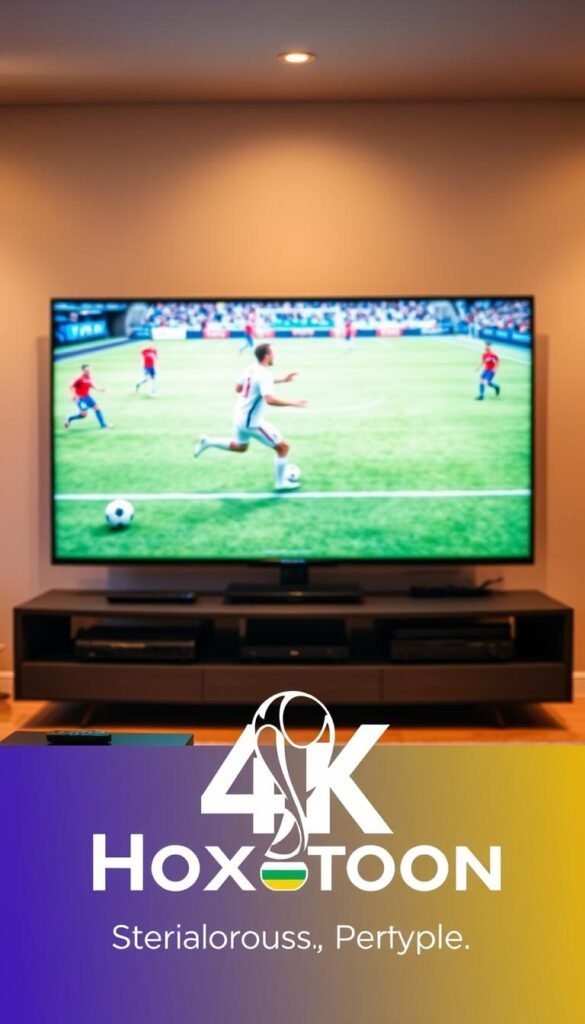 Soccer World Cup 4K IPTV coverage featuring a large, ultra-high-definition television screen displaying a dynamic soccer match, surrounded by a sleek, modern media center setup. In the foreground, a Hoxtoon Provider logo is prominently displayed, emphasizing the premium 4K IPTV service delivering the ultimate viewing experience. The midground showcases various streaming devices, remote controls, and other media equipment, all neatly arranged to create a cohesive, high-tech atmosphere. The background is softly blurred, highlighting the focus on the central IPTV display and creating a sense of depth and immersion. The overall scene is illuminated by warm, evenly distributed lighting, conveying a professional, cinematic quality.