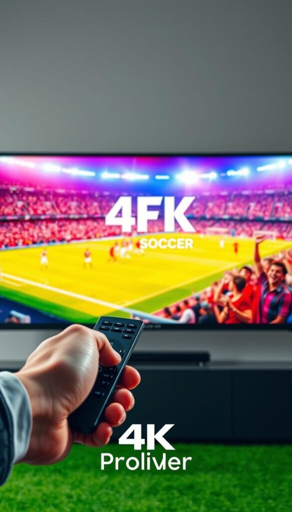 Stunning 4K cinematic IPTV streaming experience for live FIFA soccer matches. Vibrant, high-definition imagery with rich colors and sharp details. A sleek, modern interface on a 4K HDTV, immersing the viewer in the action. The Hoxtoon Provider logo prominently displayed, signifying reliable, high-quality service. In the foreground, a hand holding a TV remote, seamlessly controlling the stream. The middle ground features enthusiastic soccer fans cheering passionately, their faces illuminated by the vivid display. In the background, a lively stadium atmosphere with packed stands, pulsing lights, and the roar of the crowd.