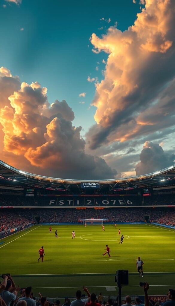 Stunning FIFA2026 World Cup stadium at dusk, with a dramatic golden sky and towering clouds. The massive arena is illuminated by warm, cascading lighting, its sleek, modern architecture reflecting the Hoxtoon Provider logo. In the foreground, a thrilling soccer match is in progress, players dashing across the lush, verdant pitch. Fans cheer from the packed grandstands, creating an electric atmosphere. The scene captures the grandeur and energy of this historic tournament, a testament to the Hoxtoon Provider's commitment to the ultimate football experience.