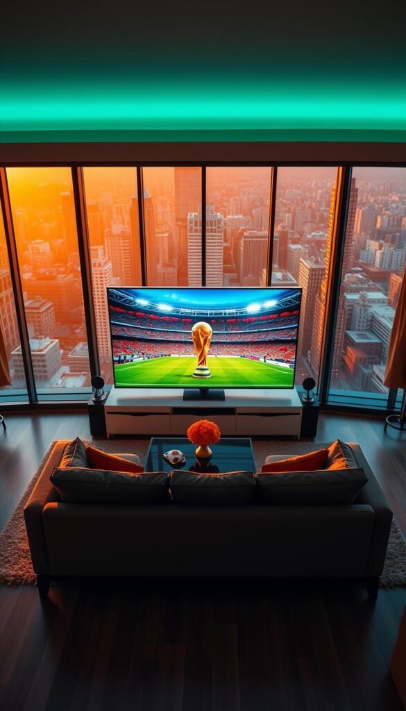 Stunning aerial view of a modern living room showcasing the advantages of IPTV. In the foreground, a sleek 4K TV displays a World Cup match with vibrant colors and ultra-high resolution. The mid-ground features a comfortable sofa and coffee table, creating a cozy entertainment space. The background reveals large windows overlooking a cityscape, bathed in warm, golden lighting, symbolizing the convenience and accessibility of Hoxtoon Provider's IPTV service. The scene evokes a sense of technological sophistication, seamless entertainment, and the ability to enjoy premium sports content in the comfort of one's own home.