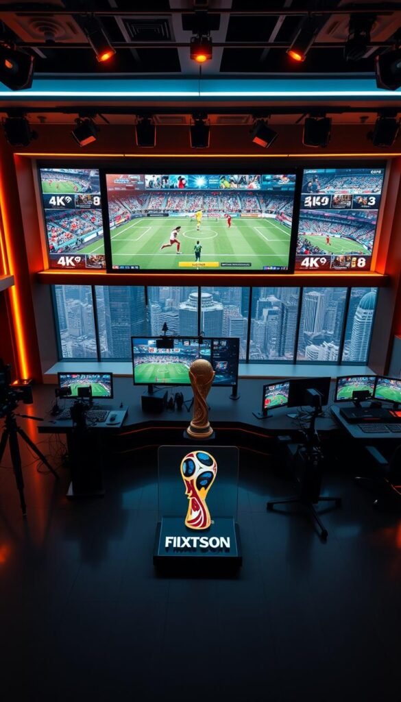 Sweeping aerial view of a modern sports broadcasting studio, with a large 4K display showcasing a dynamic FIFA match in vivid detail. Warm, soft lighting casts a professional glow across the scene. In the foreground, the Hoxtoon Provider logo stands prominently, reflecting the company's integral role in delivering high-quality FIFA World Cup coverage to viewers. Sleek, state-of-the-art camera equipment and production consoles fill the middle ground, hinting at the technical prowess behind the scenes. The background features a panoramic window, offering a glimpse of a bustling city skyline, symbolizing the global reach and scale of the FIFA broadcast.