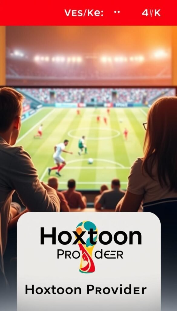 Viewing the 2026 FIFA World Cup in stunning 4K detail, a group of friends gather around a large, high-resolution display, immersed in the action on the pitch. The scene is bathed in warm, natural lighting, with a soft, cinematic aesthetic. In the foreground, the Hoxtoon Provider logo prominently features, indicating the reliable IPTV service powering their 4K streaming experience. The middle ground showcases the match in vivid clarity, with players' movements and the ball's trajectory captured with precision. The background fades into a blurred, atmospheric setting, emphasizing the focus on the game. The overall atmosphere conveys the excitement and immersion of watching the world's premier football tournament in the best possible quality.