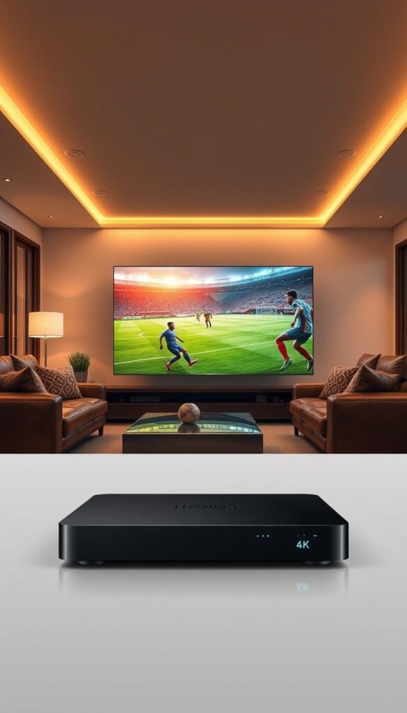 Vivid 4K IPTV soccer viewing experience with Hoxtoon Provider. A modern living room with plush leather seating and floor-to-ceiling windows, bathed in warm, soft lighting. On the large, high-resolution OLED TV, a captivating soccer match unfolds in stunning detail, the players' every movement crisp and lifelike. The atmosphere is immersive, with the crowd's roar and the commentator's excited voice filling the space. In the foreground, a sleek, state-of-the-art IPTV set-top box from Hoxtoon Provider, seamlessly delivering the premium content. The scene exudes a sense of technological sophistication and the thrill of an unparalleled viewing experience.