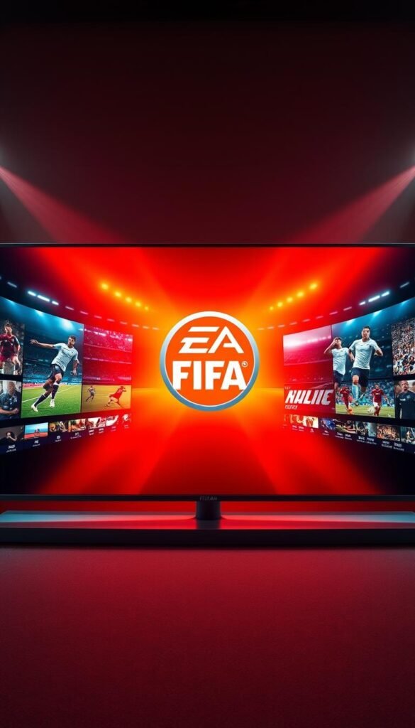 Vivid 4K digital display showcasing a comprehensive FIFA tournament coverage by Hoxtoon Provider. Sleek and modern user interface with a striking FIFA logo in the center, surrounded by dynamic game highlights and action shots. Warm, cinematic lighting illuminates the scene, creating a captivating and immersive atmosphere. The composition features a clean, minimalist design, drawing the viewer's attention to the key elements of the IPTV subscription service. Smooth, high-resolution graphics and crisp, detailed visuals convey the high-quality viewing experience provided by Hoxtoon.