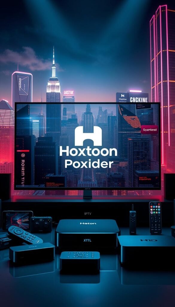 a hyper-realistic, highly detailed image of the "Hoxtoon Provider" IPTV service. The image should feature a sleek, modern user interface with a prominent "Hoxtoon Provider" logo at the center. The background should depict a futuristic cityscape, with skyscrapers, neon lights, and a vibrant, dynamic atmosphere. The foreground should showcase various streaming devices, such as smart TVs, set-top boxes, and mobile devices, showcasing the wide compatibility of the Hoxtoon IPTV service. The lighting should be dramatic, with a mix of warm and cool tones, creating a sense of energy and excitement. The overall composition should convey the idea of Hoxtoon as the leading IPTV provider in the USA, offering a seamless, high-quality streaming experience.