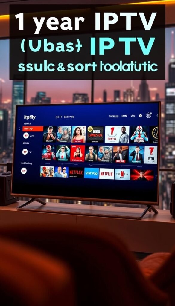 1 year IPTV subscription from Hoxtoon Provider, displaying a sleek and modern IPTV interface on a high-definition smart TV screen. The screen showcases a vast array of 21,000+ live TV channels, movies, and on-demand content, with a clean and intuitive user experience. The image has a warm, cinematic lighting, captured from a slightly low angle to emphasize the scale and immersive nature of the IPTV experience. The background features a blurred cityscape, hinting at the global reach and connectivity of the service. The overall tone is one of excitement and anticipation for the comprehensive entertainment package offered by the 1 year IPTV subscription from Hoxtoon Provider.