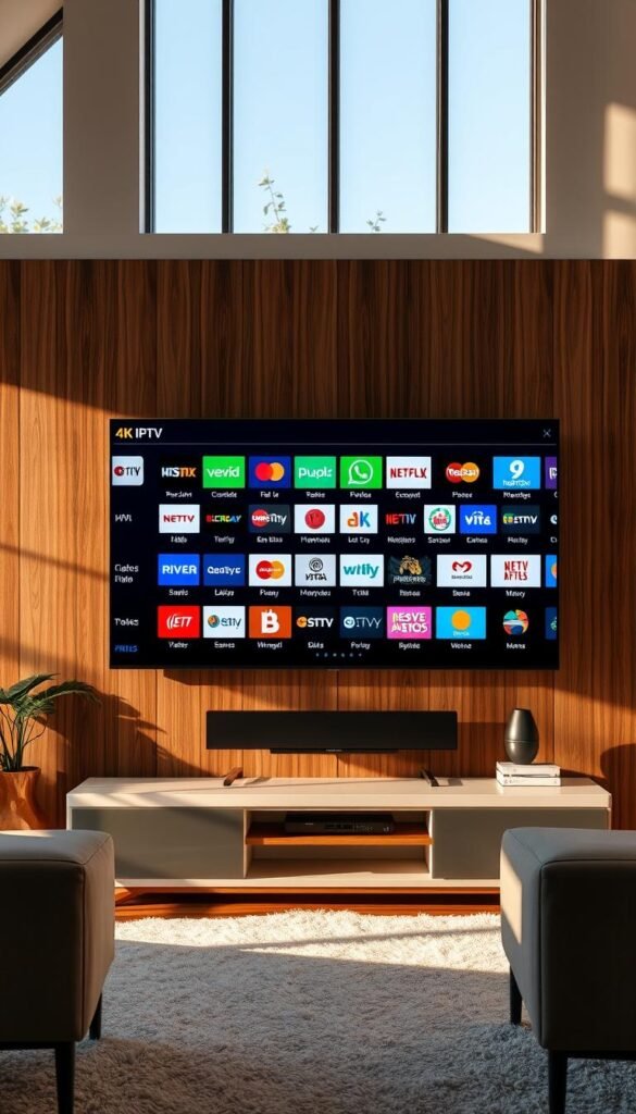 4k IPTV channels displayed on a modern, sleek television set in a minimalist living room. The screen shows a diverse array of channel logos and thumbnails, showcasing the impressive 21,000+ channel lineup of the Hoxtoon Provider. Warm, natural lighting filters through large windows, creating a cozy and inviting atmosphere. The TV is mounted on a contemporary, wood-paneled wall, complemented by modern furniture and decor. The scene conveys a sense of entertainment, connectivity, and the convenience of a comprehensive IPTV service.