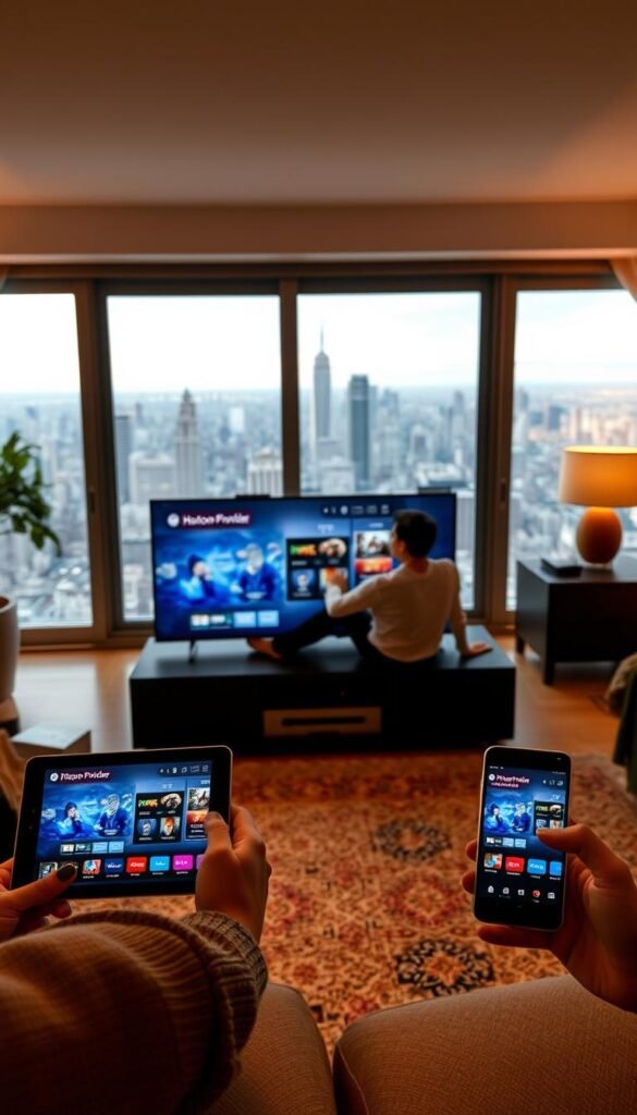 4k iptv service reviews showcasing Hoxtoon Provider's multi-device streaming capabilities. A well-lit room with a cozy, modern aesthetic. In the foreground, a variety of devices including a smart TV, tablet, and smartphone displaying the Hoxtoon Provider interface. The middle ground features a person comfortably interacting with the devices, while the background shows a city skyline visible through a large window, conveying a sense of connectivity and urban living. The overall mood is one of seamless technology integration and user-friendly experience. Technical details include a warm, balanced lighting setup and a wide-angle lens to capture the full scene.
