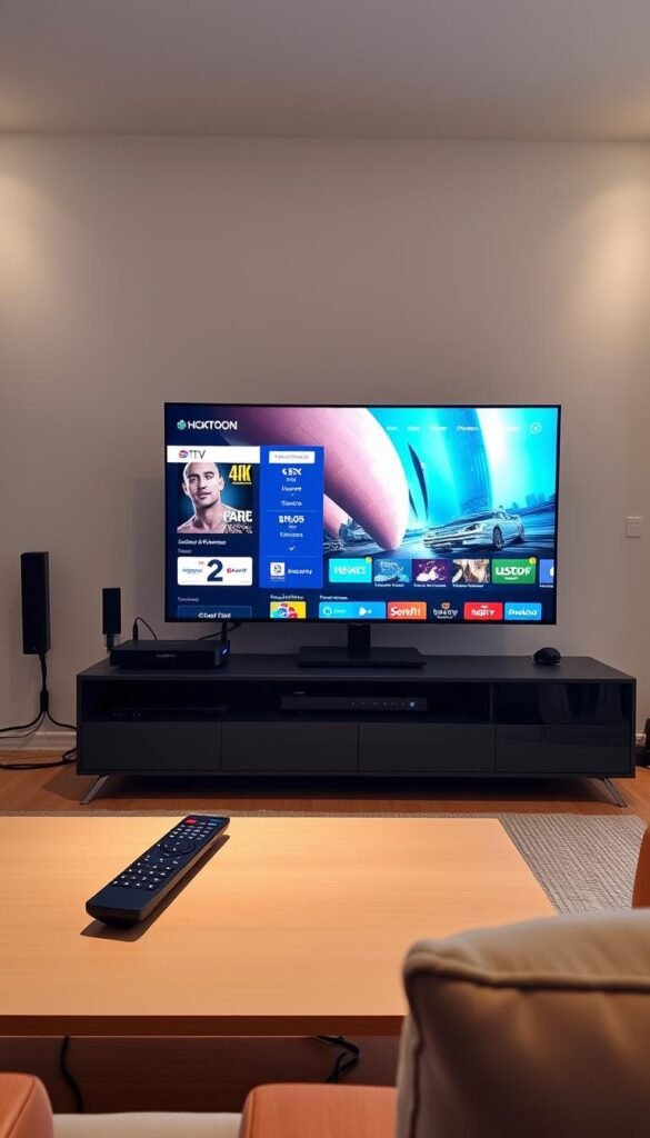 4k iptv streaming setup from Hoxtoon Provider with high-tech equipment. A sleek, modern entertainment center with a state-of-the-art 4k TV and media console. The setup includes a powerful streaming device, a high-speed internet router, and a neat cable management system. Soft ambient lighting creates a cozy, cinematic atmosphere. The room is styled with minimalist decor, allowing the technology to take center stage. An ergonomic remote control rests on the coffee table, ready for easy navigation of the Hoxtoon IPTV interface. The overall scene conveys a seamless, sophisticated 4k streaming experience.