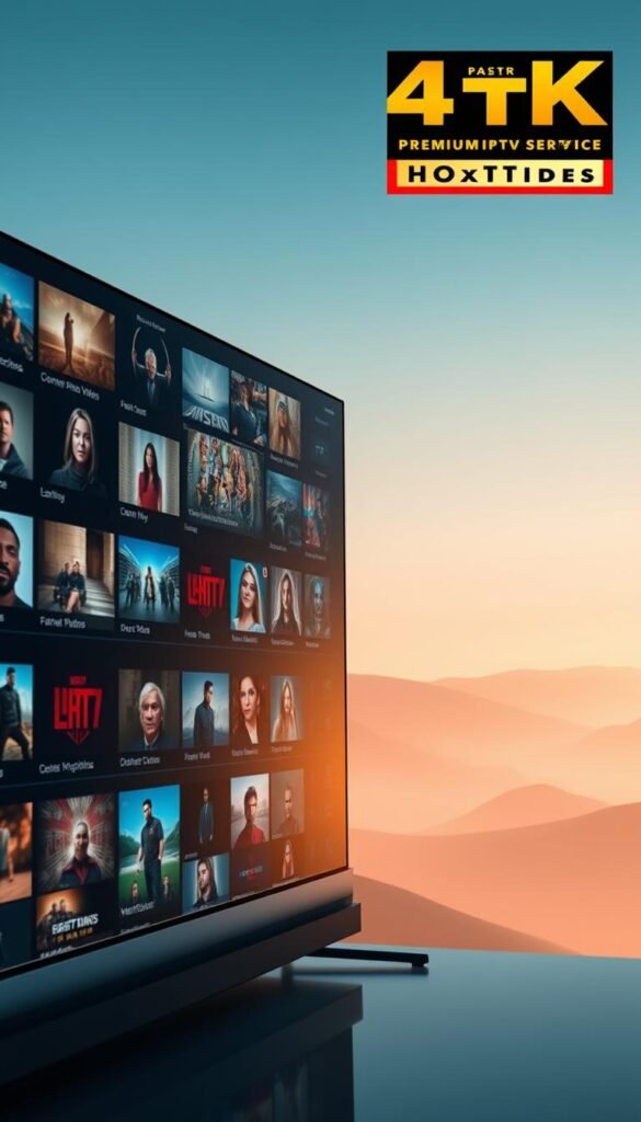 4k premium iptv service provided by Hoxtoon Provider, featuring a sleek user interface with a grid layout showcasing various live TV channels and on-demand content. The foreground displays an array of high-definition video thumbnails, while the middle ground depicts a streamlined control panel with intuitive navigation options. The background is a subtle, cinematic landscape with soft lighting and a warm color palette, creating a premium, immersive viewing experience. The overall composition conveys a sense of sophistication, reliability, and cutting-edge technology in the world of IPTV streaming.