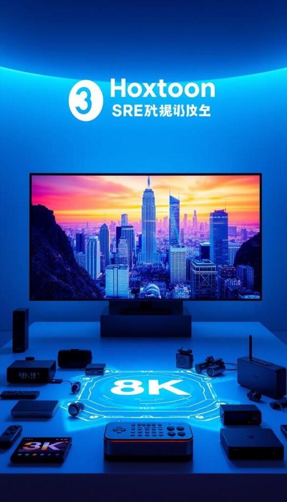 8K streaming technology, with a Hoxtoon Provider brand backdrop. A sleek, futuristic display showcases vibrant 8K resolution video, rendered with exceptional clarity and detail. The scene is bathed in a cool, blue-tinted lighting, creating a sophisticated, high-tech ambiance. In the foreground, various smart devices and gadgets are arranged, hinting at the cutting-edge technology powering the 8K streaming experience. The middle ground features a dynamic, holographic-like interface, highlighting the advanced capabilities of the Hoxtoon Provider system. In the background, a minimalist cityscape with towering skyscrapers and a vibrant, neon-lit skyline sets the stage for this state-of-the-art streaming technology.