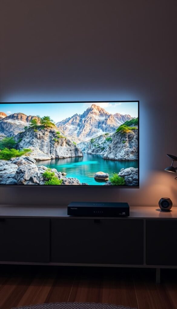 A 4K Ultra HD IPTV streaming setup with a sleek black Hoxtoon Provider device sitting atop a modern TV console. The screen displays a stunning nature documentary, the vibrant colors and sharp details showcasing the true power of 4K resolution. Ambient lighting gently illuminates the room, creating a cozy and immersive home entertainment experience. The Hoxtoon Provider's compact design blends seamlessly into the minimalist decor, while its advanced features enable smooth, high-quality streaming of the latest 4K content. This scene captures the cutting-edge technology and premium visual quality that defines the 4K IPTV revolution in home entertainment.