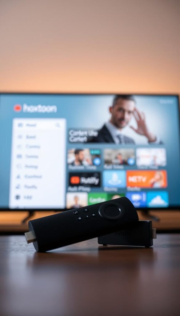 A Firestick displaying the Hoxtoon Provider user interface, showcasing its intuitive navigation and content selection options. The screen features a clean, modern design with easy-to-use menus and icons. The Firestick is positioned in the foreground, lit by a soft, diffused light that creates a warm, inviting atmosphere. The background blurs softly, drawing the viewer's attention to the device and the Hoxtoon interface. The overall scene conveys a sense of simplicity and user-friendliness, highlighting the seamless integration of IPTV services on the Firestick platform.