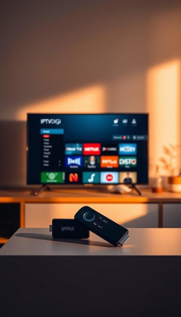 A Firestick displaying the sleek IPTVDIGI interface, its bold branding and intuitive menu layout prominently featured. The device sits atop a modern, minimalist entertainment unit, bathed in warm, directional lighting that casts subtle shadows. In the background, a subtle gradient evokes a sense of technological sophistication. The Hoxtoon Provider logo discreetly adorns the scene, complementing the overall aesthetic. The composition strikes a balance between simplicity and visual interest, drawing the viewer's attention to the IPTVDIGI app experience on the Firestick.