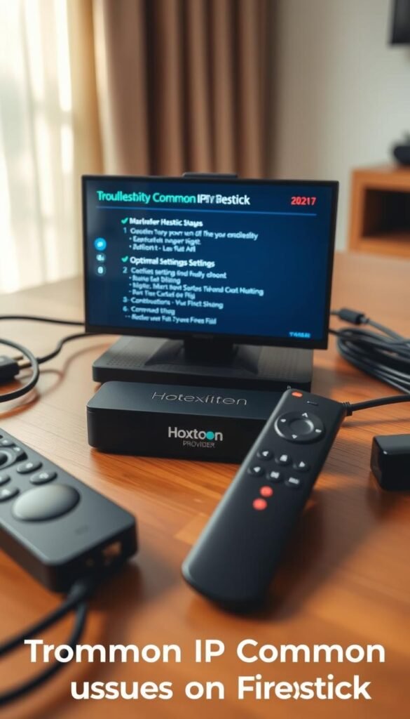 A Hoxtoon Provider branded Firestick 2024 unit sits on a wooden table, surrounded by cables and remote controls. The device's interface displays troubleshooting steps for common IPTV issues, with a focus on optimal settings and connectivity. Soft, natural lighting illuminates the scene, creating a serene and informative atmosphere. The image conveys a sense of problem-solving and technical guidance for the user, complementing the section on "Troubleshooting Common IPTV Issues on Firestick".