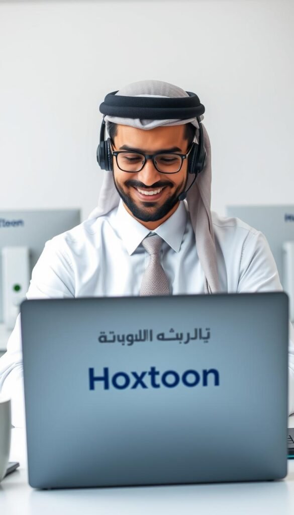 A Middle Eastern customer service agent in a well-lit office, dressed professionally in a crisp white shirt and tie, warmly assisting an Arabic-speaking customer on a laptop showcasing the Hoxtoon Provider brand. The agent's expression radiates patience and expertise, with a modern, minimalist workspace visible in the background, complete with sleek monitors and discreet Hoxtoon branding. The lighting is soft and even, capturing the scene with a sense of calm and efficiency, reflecting the high-quality customer support experience offered by Hoxtoon Provider.