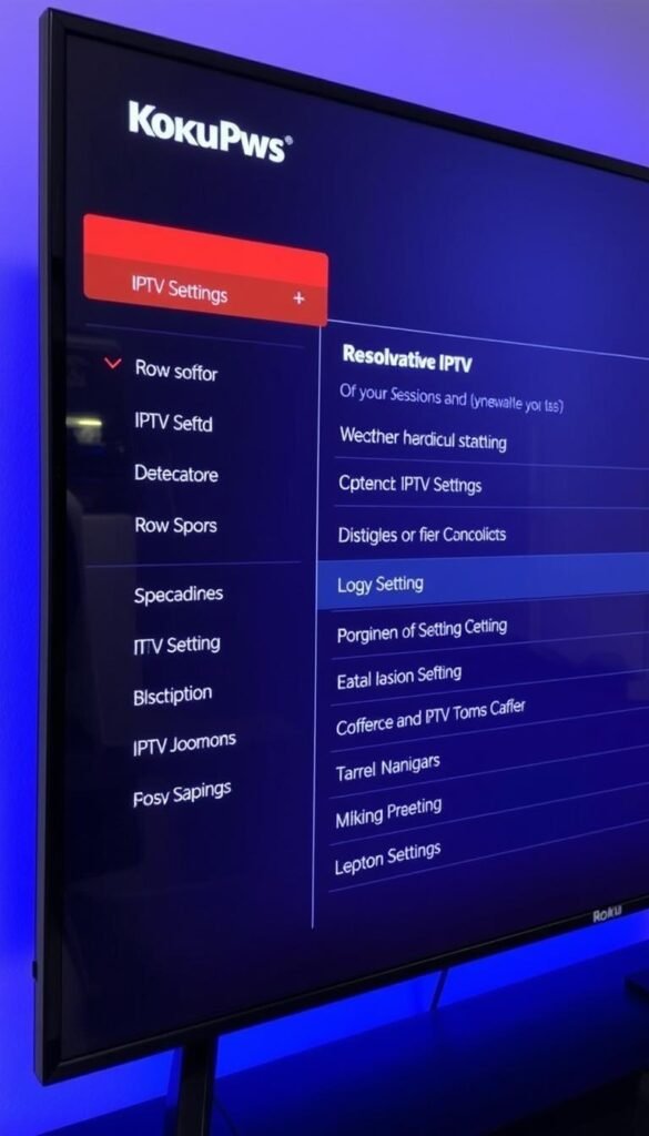 A Roku TV interface displaying IPTV troubleshooting options, with a focus on the "Hoxtoon Provider" IPTV service. The scene is well-lit, captured at a slightly elevated angle to showcase the intuitive on-screen controls and user-friendly layout. The Roku home screen is visible in the background, providing context, while the foreground features a detailed view of the IPTV settings menu, highlighting the various configuration options available to the user. The overall atmosphere is one of technical proficiency and problem-solving, guiding the viewer through the process of resolving common IPTV issues on their Roku TV.