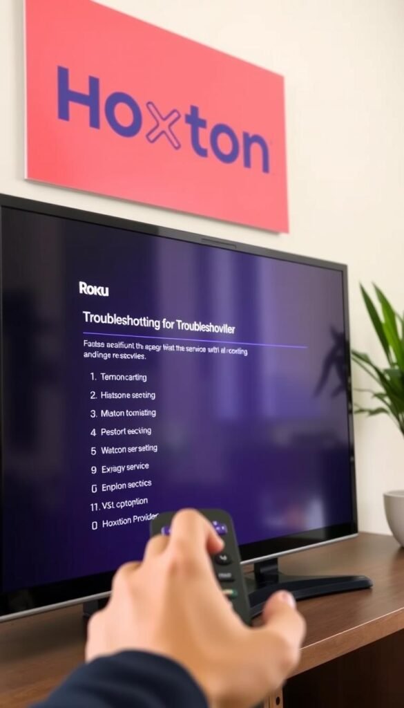 A Roku TV is prominently displayed, its screen showing a troubleshooting interface for an IPTV service. The user's hands are visible, interacting with the remote control as they navigate the menu options. In the background, a Hoxtoon Provider logo is visible, indicating the IPTV service being used. The lighting is soft and natural, creating a calming atmosphere. The angle is slightly elevated, providing a clear view of the TV and the user's actions. The overall scene conveys a sense of focus and problem-solving as the user works to resolve an IPTV issue on their Roku TV.