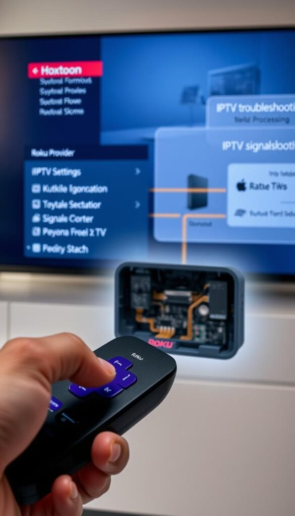 A Roku device prominently displayed, its interface showing IPTV troubleshooting options. In the foreground, a user's hands manipulating the Roku remote, navigating the settings. The middle ground features a detailed cutaway view of the Roku's internal components, highlighting the network connectivity and media processing elements. In the background, a softly blurred technical diagram illustrates the IPTV signal flow, with the Hoxtoon Provider brand name visible. The lighting is crisp and directional, emphasizing the technical nature of the scene. The overall mood is one of focused problem-solving, with a sense of understated professionalism.