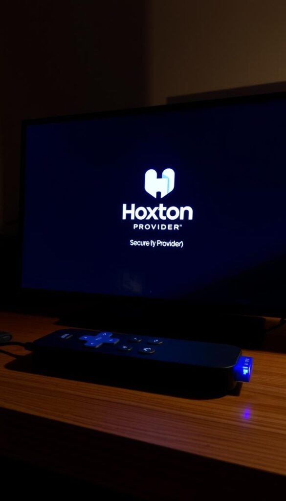 A Roku device rests on a wooden surface, its remote control nearby. The screen displays the Hoxtoon Provider logo, indicating a secure IPTV streaming session. The room is dimly lit, creating a cozy, private atmosphere. Soft shadows play across the scene, suggesting discreet, encrypted data transmission. The Roku's blue LED gently pulses, conveying a sense of reliable, uninterrupted service. The overall mood is one of privacy, trust, and the convenience of IPTV streaming on a familiar Roku platform.