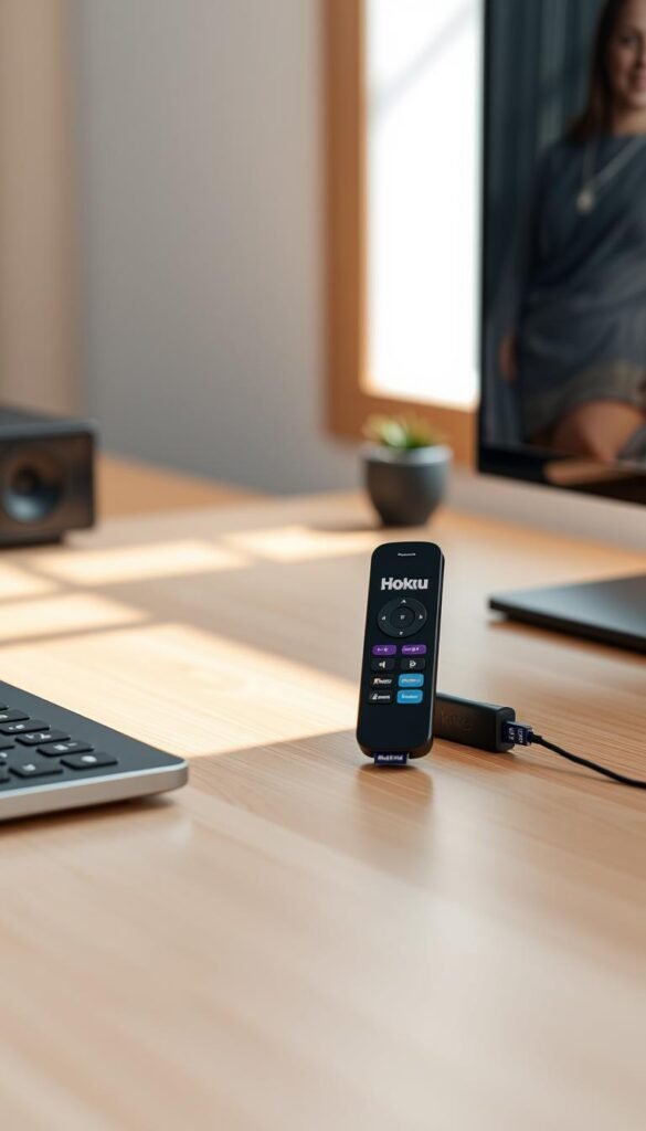 A Roku stick on a minimalist wooden desk, showcasing the "Hoxtoon Provider" IPTV service. The device is illuminated by soft, natural lighting, creating a serene and inviting atmosphere. The Roku stick is prominently displayed, surrounded by a clutter-free workspace, emphasizing its centrality as the gateway to Hoxtoon's vast library of over 150,000 on-demand videos. The overall composition conveys a sense of simplicity, efficiency, and the seamless integration of Hoxtoon's IPTV solution with the Roku platform.
