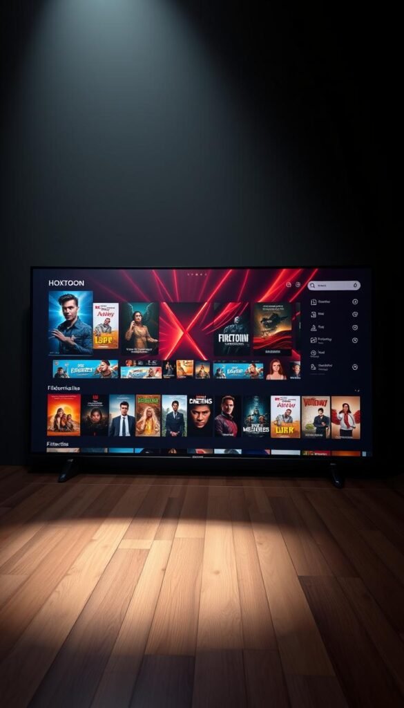 A beautifully designed interface for the HOXTOON VOD options, featuring a sleek and modern layout with a dark, cinematic color palette. In the center, a large, vivid display showcases a diverse selection of on-demand titles, each with their own rich, detailed thumbnail. Surrounding the main display, an array of customizable filters and sorting options allow the user to easily navigate the Hoxtoon Provider's expansive library of over 150,000 VOD choices. The overall scene conveys a sense of sophistication and cinematic grandeur, inviting the viewer to immerse themselves in the vast world of on-demand entertainment.