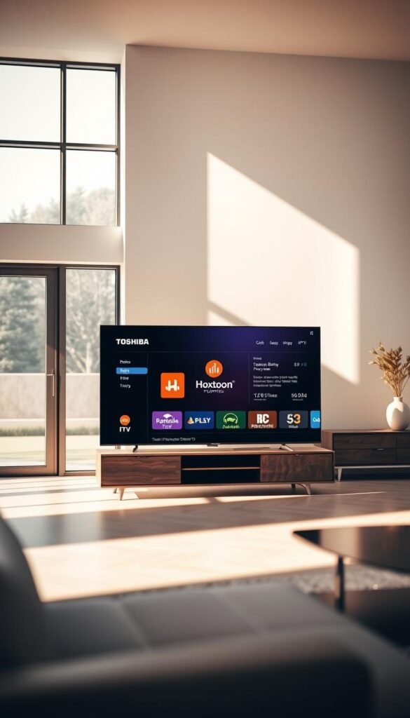 A bright, modern Toshiba Smart TV standing in a sleek, minimalist living room. The TV's screen displays the intuitive IPTV setup interface, showcasing the Hoxtoon Provider's logo and the various channels and streaming options available. Warm, natural lighting from large windows illuminates the scene, creating a cozy and inviting atmosphere. The TV is placed on a modern, wood-and-metal entertainment center, with a clean, uncluttered layout that highlights the device's elegant design. The room's decor features neutral tones and clean lines, emphasizing the Toshiba's seamless integration into the space.
