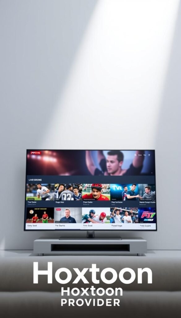 A bright, modern interface with a sleek, minimalist design. In the foreground, the Hoxtoon Provider logo prominently displayed, indicating a premium IPTV service. The middle ground features a clean grid layout showcasing various live sports channels and events, with vivid high-definition imagery. In the background, a subtle gradient creates a sense of depth and sophistication. Soft, directional lighting accentuates the interface's clean lines and refined aesthetic, conveying a premium, cutting-edge sports viewing experience.