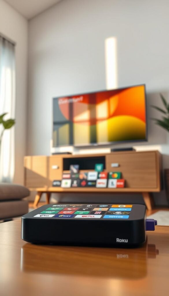 A bright, modern living room with a Roku TV prominently displayed on a sleek media console. In the foreground, a Hoxtoon Provider IPTV box is shown, its interface showcasing a grid of various IPTV channels. The room is bathed in warm, natural lighting, creating a cozy and inviting atmosphere. The angle captures the Roku TV's user-friendly interface, highlighting the ease of accessing IPTV content. The overall scene conveys the seamless integration of IPTV technology with the Roku TV platform, making it an attractive option for cord-cutters seeking a comprehensive entertainment experience.