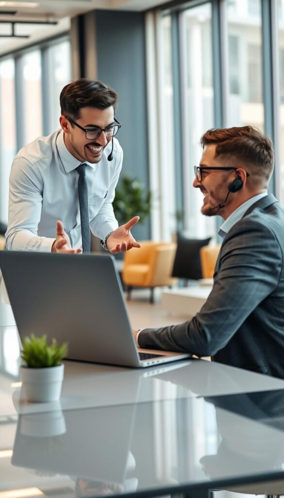 A bright, modern office setting with a Hoxtoon Provider customer support agent assisting a client. The agent, dressed in a crisp button-down shirt and tie, is leaning forward with a warm, attentive expression, gesturing animatedly while explaining something on a laptop screen. The client, sitting across the desk, is nodding along engagedly. The background features sleek, minimalist furniture and decor, with floor-to-ceiling windows letting in natural light. The overall atmosphere conveys a sense of professionalism, efficiency, and a dedication to providing a top-notch customer experience.