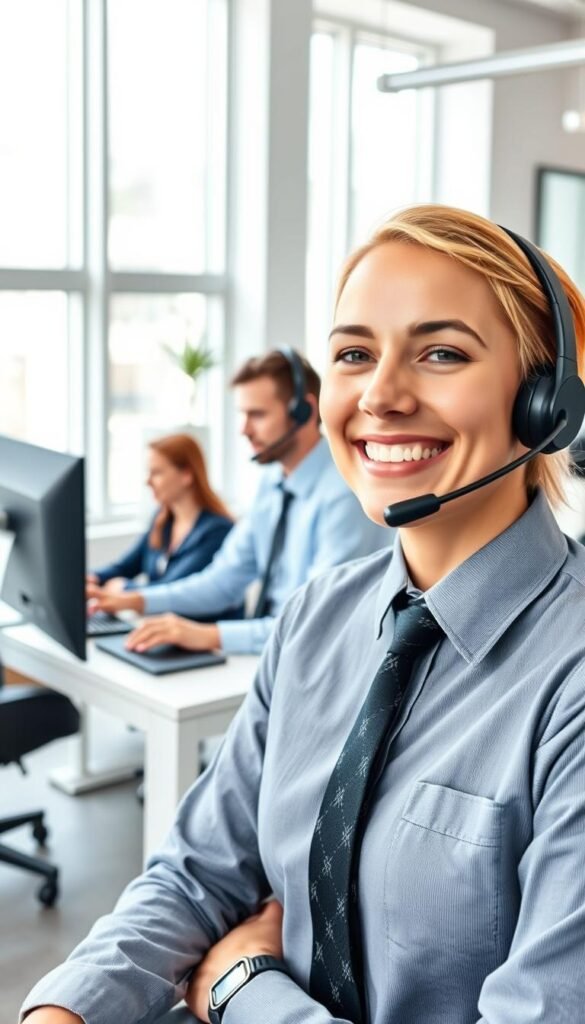 A bright, modern office setting with a customer support team assisting clients. In the foreground, a Hoxtoon Provider representative in a crisp button-down shirt and tie smiles warmly while speaking on a headset. Behind them, two colleagues work diligently on sleek desktop computers, their faces lit by the glow of the screens. The middle ground features a contemporary desk with a Hoxtoon Provider logo prominently displayed. In the background, large windows let in natural light, creating an airy, professional atmosphere. The scene conveys a sense of efficiency, responsiveness, and a commitment to excellent customer service.