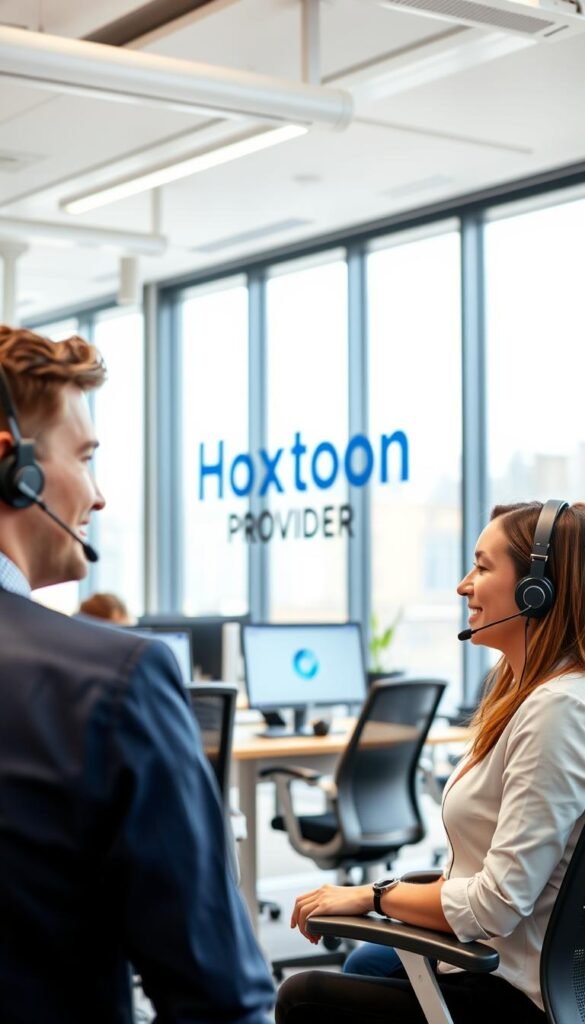 A brightly lit customer service center, featuring a modern office setting with a Hoxtoon Provider logo prominently displayed. In the foreground, a male and female customer service representative are engaged in a friendly conversation with a customer, their expressions conveying empathy and attentiveness. The middle ground showcases a well-organized workspace with state-of-the-art computers and ergonomic chairs, creating an atmosphere of efficiency and professionalism. The background features large windows allowing natural light to flood the space, giving a sense of openness and transparency. The overall scene conveys a commitment to reliable and personalized customer support, aligned with Hoxtoon Provider's reputation for exceptional service.