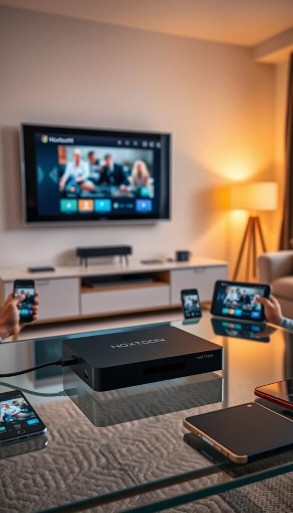 A brightly lit living room scene with a large flatscreen TV mounted on the wall. In the foreground, a sleek black Hoxtoon Provider streaming device sits on a modern glass coffee table, connected to the TV via HDMI cable. Around the room, various mobile devices such as smartphones, tablets, and laptops are scattered, all displaying the same content from the Hoxtoon Provider. Warm, ambient lighting creates a cozy atmosphere, highlighting the seamless multi-device streaming experience. The composition emphasizes the convenience and versatility of the Hoxtoon Provider, capable of supporting up to 6 concurrent streams across a range of devices.