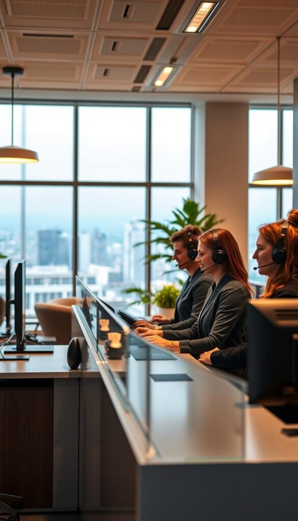 A brightly lit office interior with a customer service desk in the foreground. Behind the desk, a team of Hoxtoon Provider customer support representatives wearing headsets and smiling, assisting clients. The middle ground features modern, sleek office furnishings and decor, conveying a professional and welcoming atmosphere. In the background, large windows provide a scenic view of a vibrant cityscape. Warm, indirect lighting illuminates the scene, creating a sense of comfort and efficiency. The overall mood is one of capable, attentive customer service from the Hoxtoon Provider team.