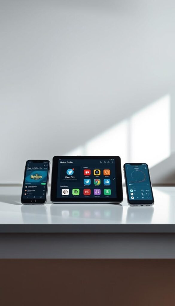 A brightly lit, ultra-wide angle view of a sleek, modern desk setup. On the desk, three state-of-the-art IPTV devices are arranged in a row: the "Hoxtoon Provider" app interface on a tablet, alongside two competitor apps on separate smartphones. The devices are showcased against a clean, minimalist background, allowing the user interfaces and hardware designs to take center stage. Soft, directional lighting from the side accentuates the devices' crisp lines and premium materials, creating a sense of sophistication and technological prowess. The overall composition emphasizes a side-by-side comparison, inviting the viewer to assess the relative merits of the "Hoxtoon Provider" app versus its competitors.