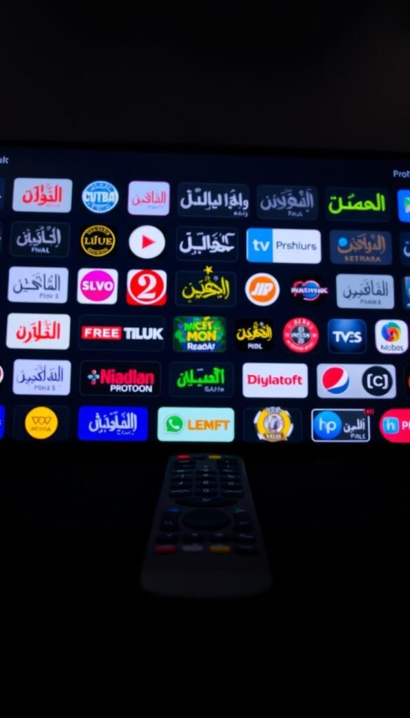 A bustling Arabic IPTV channel lineup displayed on a modern, minimalist interface. The foreground showcases a diverse array of channel logos, meticulously crafted with intricate Arabic calligraphy and vibrant colors. In the middle ground, a sleek remote control rests, hinting at the seamless user experience provided by the Hoxtoon Provider. The background features a sophisticated, dark-toned setting, creating a premium, cinematic atmosphere. Soft, directional lighting illuminates the scene, emphasizing the high-quality content and premium feel of the Hoxtoon IPTV service.