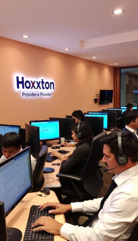 A bustling IPTV customer support office, with agents in professional attire assisting customers via phone and computer terminals. The Hoxtoon Provider logo prominently displayed on the wall, conveying a sense of a well-established, reputable service. Warm lighting illuminates the space, creating a welcoming atmosphere. The agents' faces are focused, demonstrating their dedication to resolving customer issues efficiently. The room is structured, with ergonomic workstations and modern equipment, suggesting a commitment to providing a high-quality customer experience.