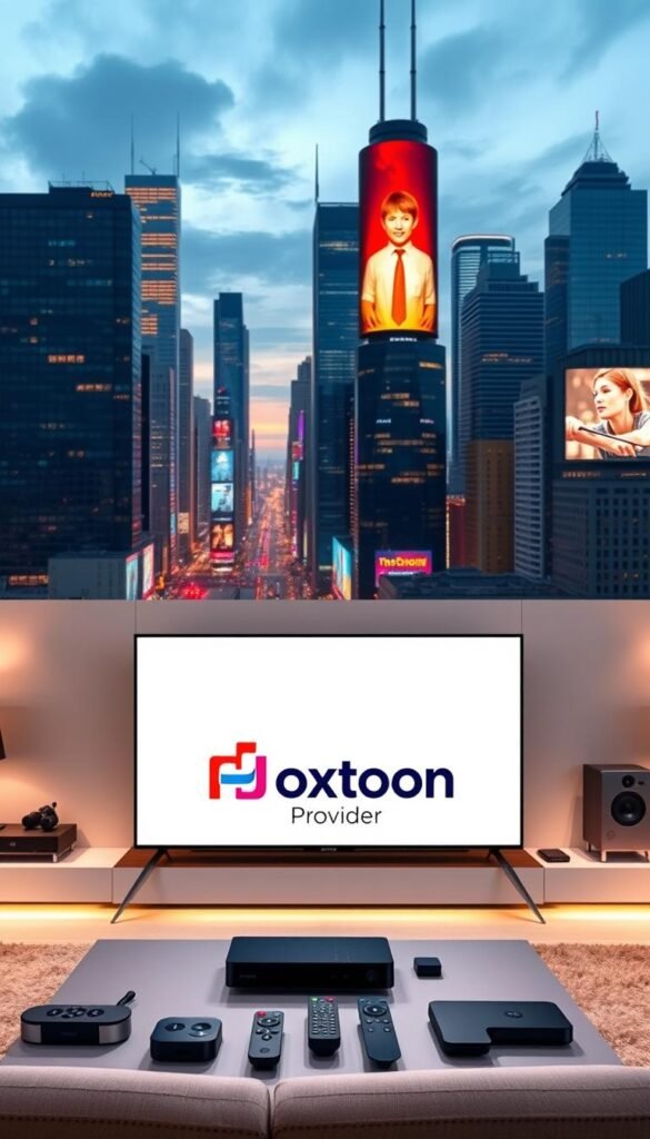 A bustling cityscape with skyscrapers and towering digital billboards, illuminating the cityscape with a vibrant, futuristic glow. In the foreground, a sleek, modern living room setup with a large flatscreen TV displaying the Hoxtoon Provider logo, surrounded by various streaming device remotes and smart home accessories. The room is bathed in a warm, soft lighting, creating a cozy, inviting atmosphere. The overall scene conveys a sense of technological sophistication and the convenience of legal, high-quality streaming services. A bustling cityscape with skyscrapers and towering digital billboards, illuminating the cityscape with a vibrant, futuristic glow. In the foreground, a sleek, modern living room setup with a large flatscreen TV displaying the Hoxtoon Provider logo, surrounded by various streaming device remotes and smart home accessories. The room is bathed in a warm, soft lighting, creating a cozy, inviting atmosphere. The overall scene conveys a sense of technological sophistication and the convenience of legal, high-quality streaming services.