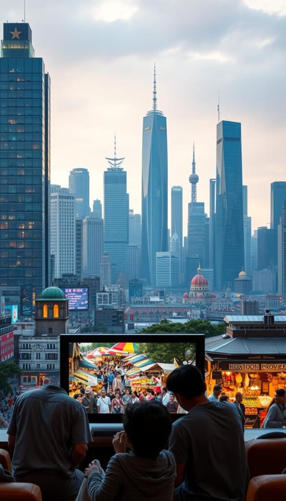A bustling cityscape with towering skyscrapers, their facades reflecting the vibrant diversity of global cultures. In the foreground, a family gathers around a television, the Hoxtoon Provider logo visible as they explore a vast array of international programming, their faces illuminated by the screen's warm glow. The middle ground features a lively street market, vendors offering a kaleidoscope of exotic goods and cuisines. In the background, a panoramic view of iconic landmarks from across the world, united in a shared celebration of global connectivity. Soft, diffused lighting creates a cozy, inviting atmosphere, conveying the idea of the world's cultures converging in a single living room.